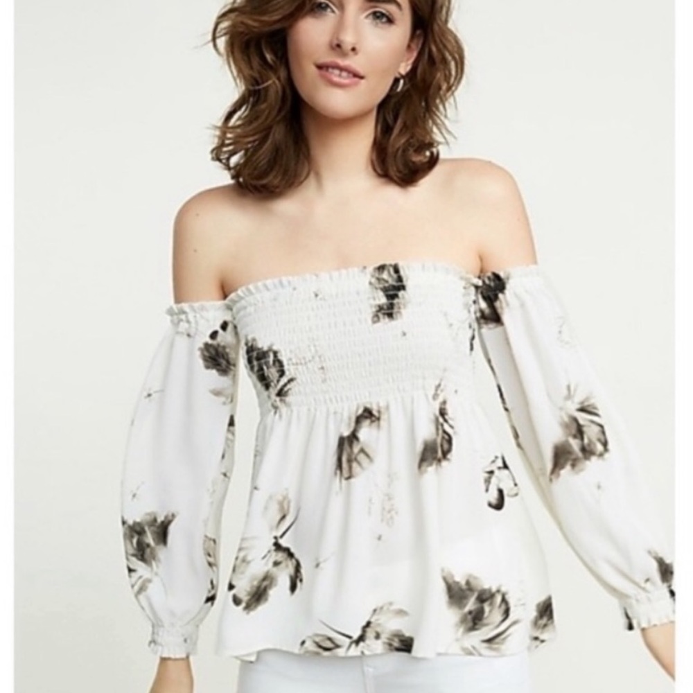 Express Off the Shoulder Floral Smocked Long Sleeve Top